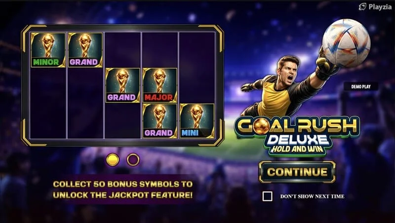 Goal Rush Deluxe - pangunahing menu na may mga reels at stadium bleachers